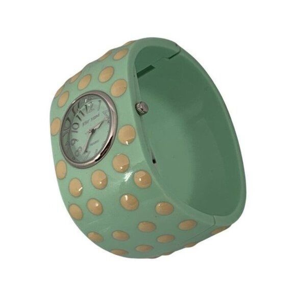 VTG BETSEY JOHNSON Green Polka Dot Hinged Woman\'s Bangle Watch 7\